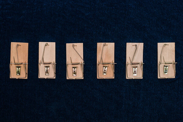 верхний вид деревянных мышеловок в линии на голубом фоне
