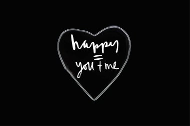 Top view of metal wire in heart shape isolated on black with happy you and me lettering