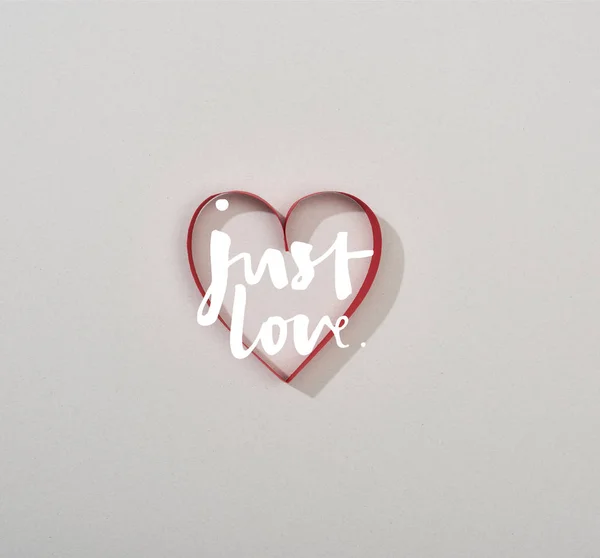 Top View Red Paper Heart Grey Background Just Love Lettering — Stok fotoğraf