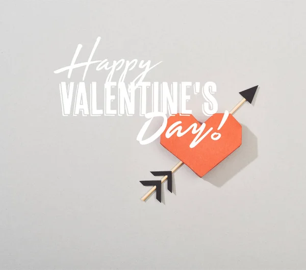 Top View Decorative Paper Heart Arrow Grey Background Happy Valentines — 图库照片