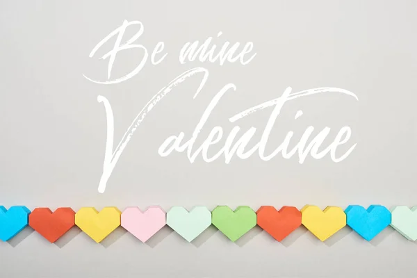 Top View Decorative Papers Heart Shape Grey Background Mine Valentine — 스톡 사진