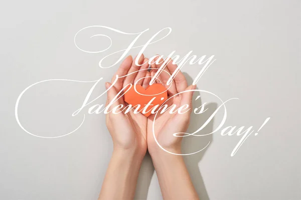 Top View Girl Holding Paper Heart Hands Grey Background Happy — Stock Photo, Image