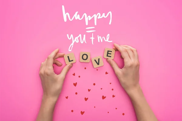 Partial View Woman Holding Cubes Love Lettering Pink Background Happy — 스톡 사진