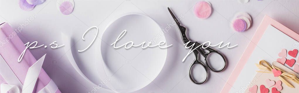 Top view of valentines gifts, ribbon and scissors on white background with  ps i love you illustration, panoramic shot