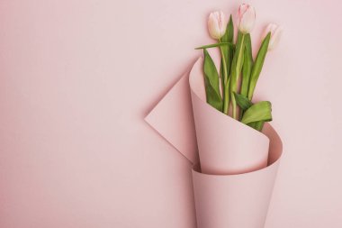top view of tulips wrapped in paper on pink background