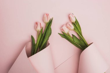 top view of tulips wrapped in paper swirls on pink background