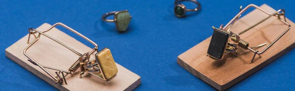 Foto Panorámica Anillos Joyería Con Trampas Ratón Madera Sobre Fondo —  Fotos de Stock