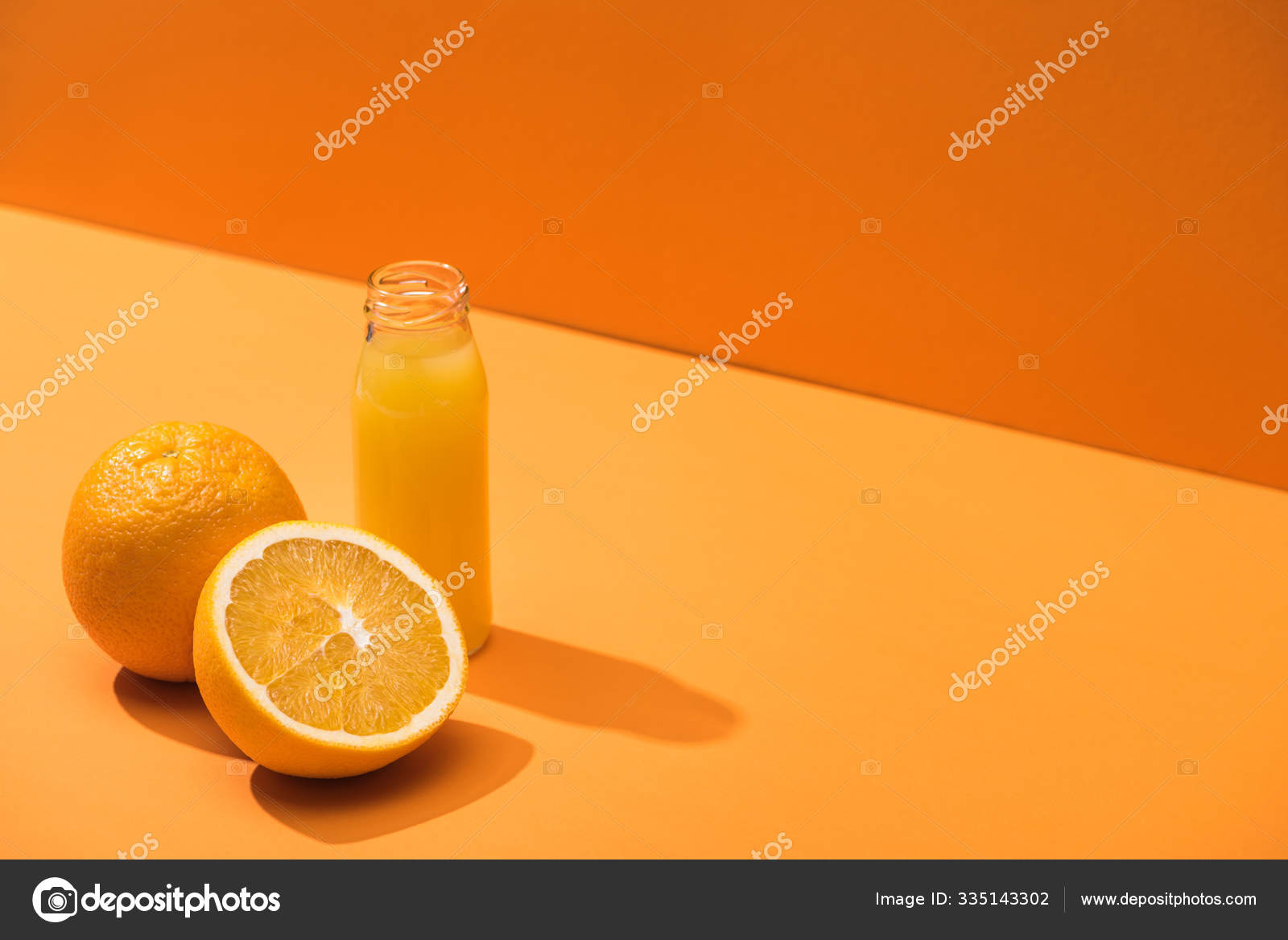 Fresh Juice Glass Bottle Oranges Orange Background ⬇ Stock Photo, Image