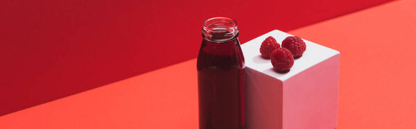 fresh berry juice in glass bottle near ripe raspberries on cube on red background, panoramic shot