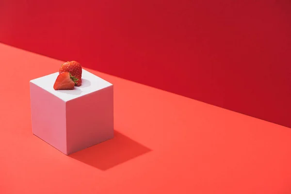 Fresh Ripe Strawberry Cube Red Background — 스톡 사진