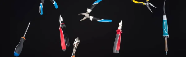 Wrenches Screwdriver Pliers Levitating Air Isolated Black Panoramic Shot — Stock Photo, Image