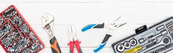 Top View Tool Boxes Wrenches Pliers White Wooden Surface Panoramic — Stock Photo, Image