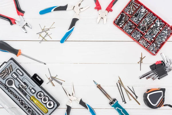 Frame Tools Tool Boxes White Wooden Surface — Stock Photo, Image