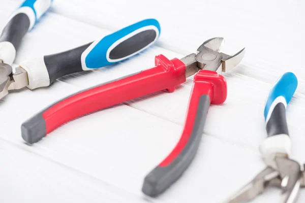 Selective Focus Pliers White Wooden Background — 스톡 사진