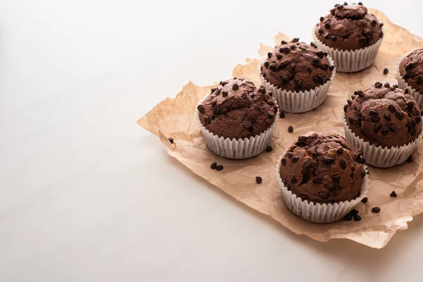 Fresh Chocolate Muffins Parchment Paper — Stock Photo, Image