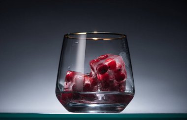 transparent glass with frozen redcurrant in ice cubes and vodka in dark with back light clipart