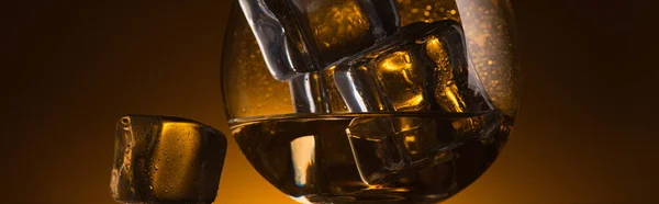 Transparentes Glas Mit Eiswürfeln Und Wodka Dunkeln Mit Gegenlicht Panoramaaufnahme — Stockfoto