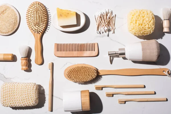 Top View Comb Ear Sticks Sponges Hair Brushes Liquid Soap — стоковое фото