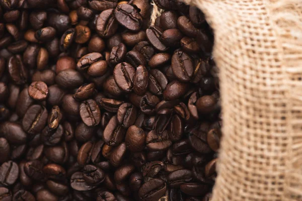 Selective Focus Fresh Roasted Coffee Beans Sack — Stock Photo, Image