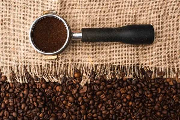 Top View Fresh Roasted Coffee Beans Sackcloth Filter Holder Ground — Stock Photo, Image