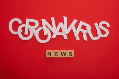 Top view of lettering coronavirus and news on wooden cubes on red background clipart