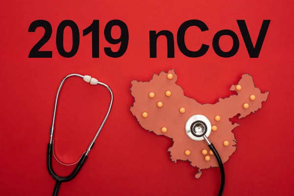 Top View Stethoscope Layout China Map 2019 Ncov Lettering Red — Stock Photo, Image