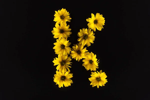 Vue Dessus Des Marguerites Jaunes Disposées Lettre Isolées Sur Noir — Photo