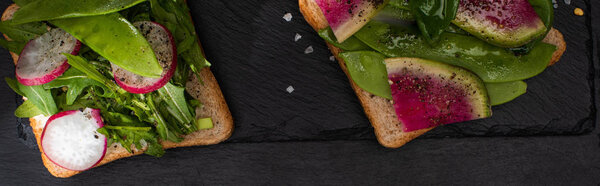 panoramic shot of vegetarian toasts with vegetables with pepper seeds and salt