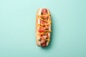vrchní pohled na jeden chutný hot dog na modré