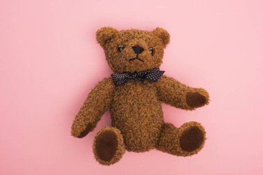 Top view of brown teddy bear with bow on pink background clipart