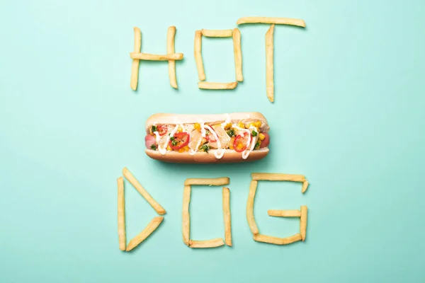 Bovenaanzicht Van Amerikaanse Hot Dog Blauw Met Woord Hot Dog — Stockfoto