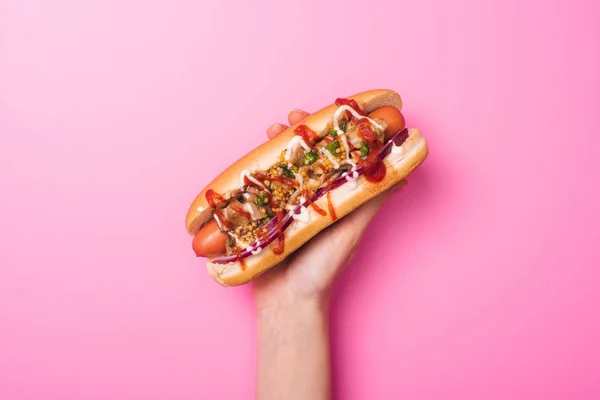 Partial View Woman Holding Yummy Hot Dog Hand Pink — Stock Photo, Image