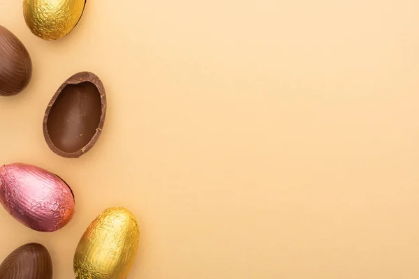 Top View Delicious Chocolate Eggs Beige Background — Stock Photo, Image