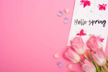 Top view of tulips, card with hello spring lettering and colorful decorative hearts on pink clipart