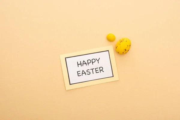Top View Card Happy Easter Lettering Candy Yellow Quail Egg — Stock Photo, Image