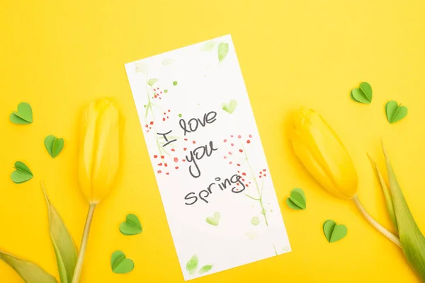 Top View Tulips Card Love You Spring Lettering Decorative Hearts — Stock Photo, Image