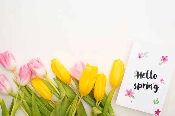 Top Kilátás Sárga Rózsaszín Tulipán Kártya Hello Tavaszi Felirat Fehér — Stock Fotó