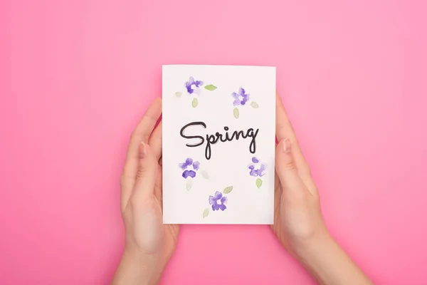 Partial View Card Spring Lettering Woman Hands Pink Background — Stock Photo, Image