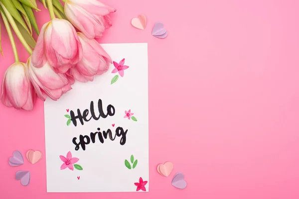 Top View Tulips Card Hello Spring Lettering Decorative Hearts Pink — Stock Photo, Image