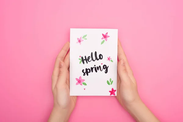 Cropped View Woman Holding Card Hello Spring Lettering Pink — Stock Photo, Image