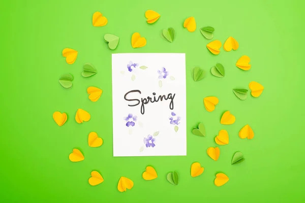 Top View Card Spring Lettering Decorative Hearts Green Background — Stock Photo, Image