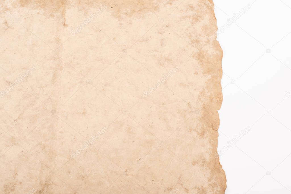 top view of vintage empty aged paper isolated on white