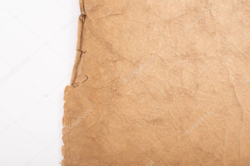 top view of vintage blank aged paper isolated on white