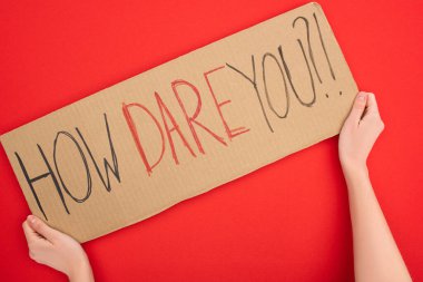 Cropped view of woman holding placard with how dare you lettering on red background, global warming concept clipart