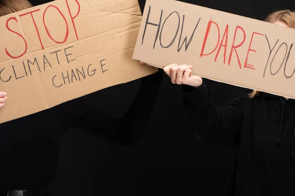 Beskuren Syn Kvinnor Med Plakat Med Stopp För Klimatförändringar Och — Stockfoto