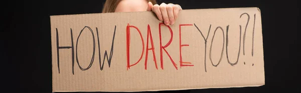 Panoramic View Woman Holding Placard How Dare You Lettering Isolated — Stock fotografie