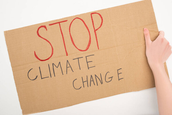 Cropped view of woman holding placard with stop climate change lettering on white background, global warming concept