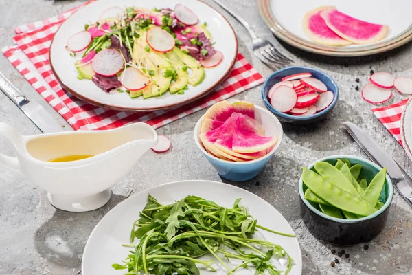 Fresh Radish Salad Greens Avocado Plate Served Napkin Cutlery Ingredients — Stock Photo, Image