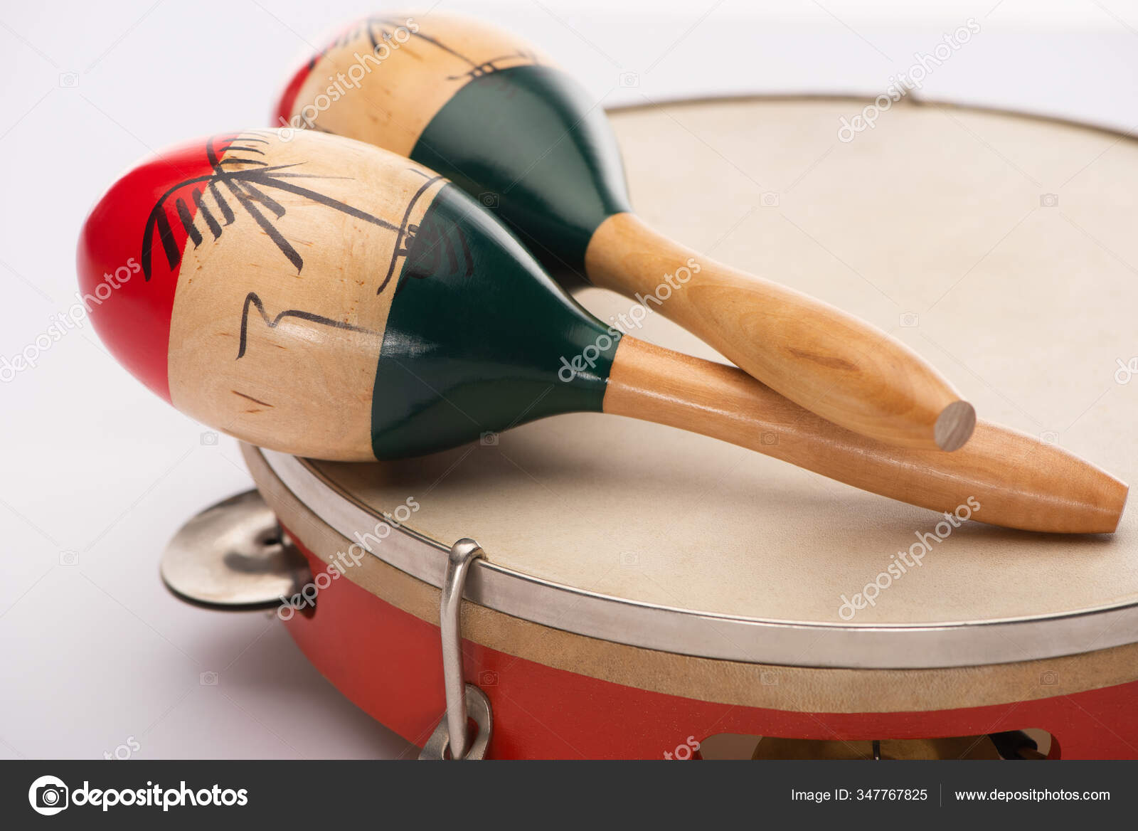 Selective Focus Wooden Maracas Tambourine White Background Stock
