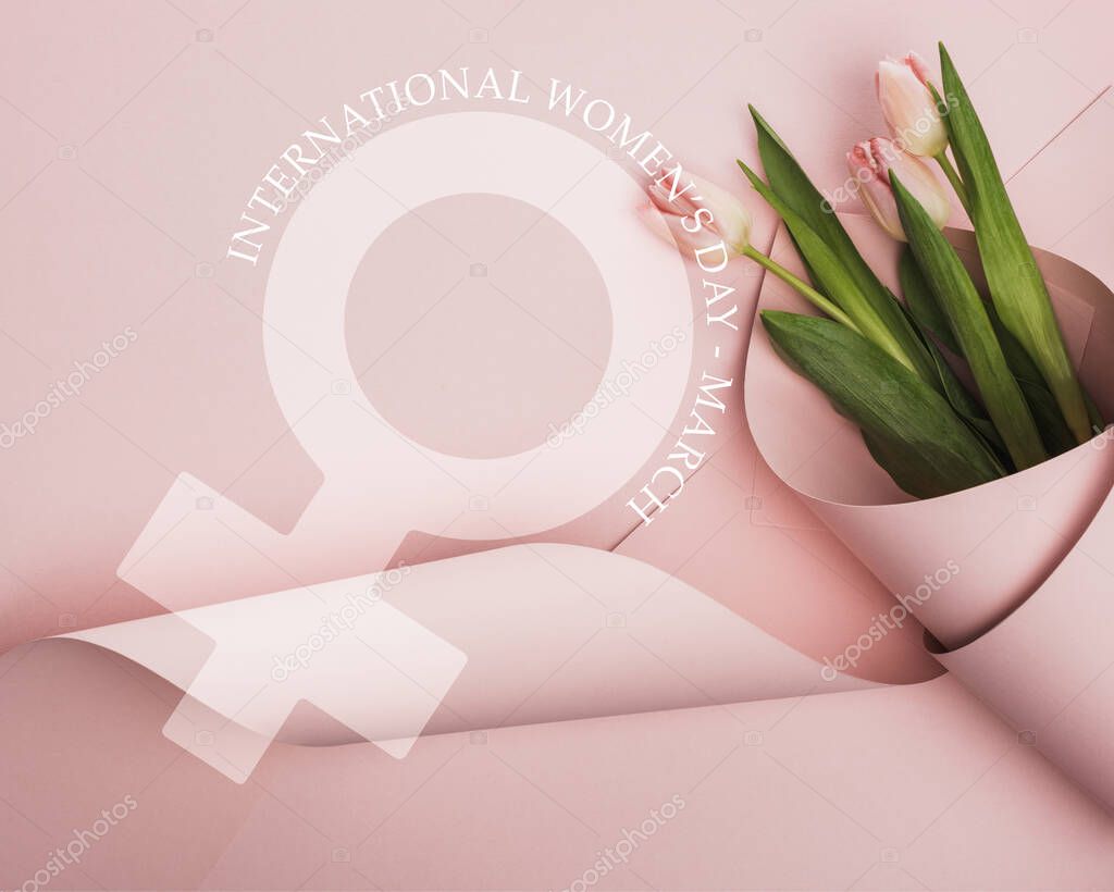 top view of tulips wrapped in paper on pink background, international womens day illustration